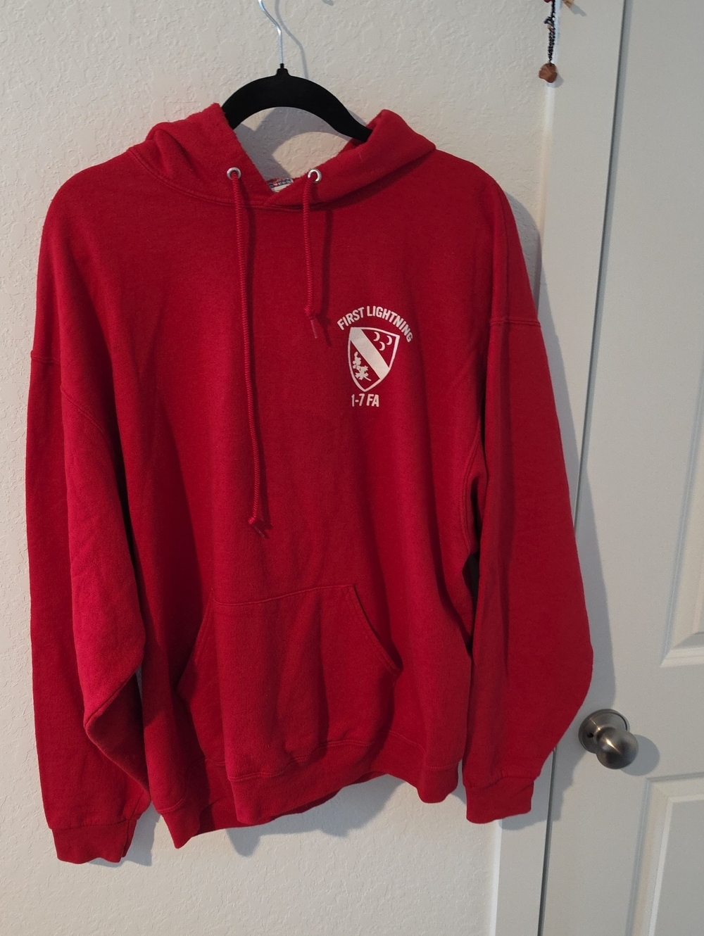 Jerzees Red Hooded Sweatshirt with White Chest Crest